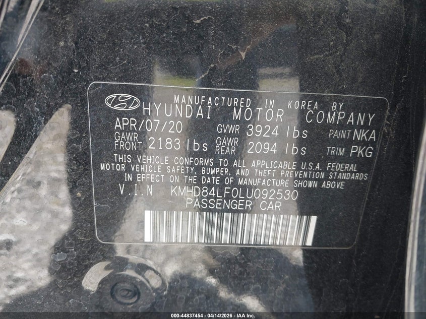 VIN KMHD84LF0LU092530 2020 HYUNDAI ELANTRA VALUE EDITION