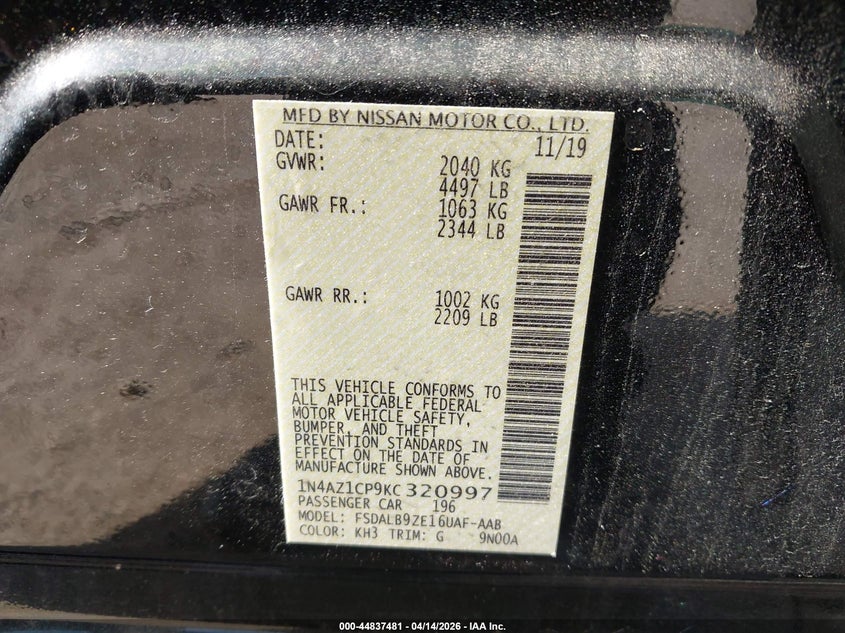 2019 Nissan Leaf S VIN: 1N4AZ1CP9KC320997 Lot: 44837481