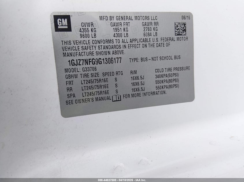 2016 GMC Savana 3500 Ls VIN: 1GJZ7NFG9G1306177 Lot: 44837508