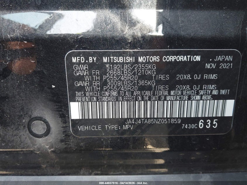 2022 Mitsubishi Outlander Es 2.5 S-Awc VIN: JA4J4TA85NZ051859 Lot: 44837516