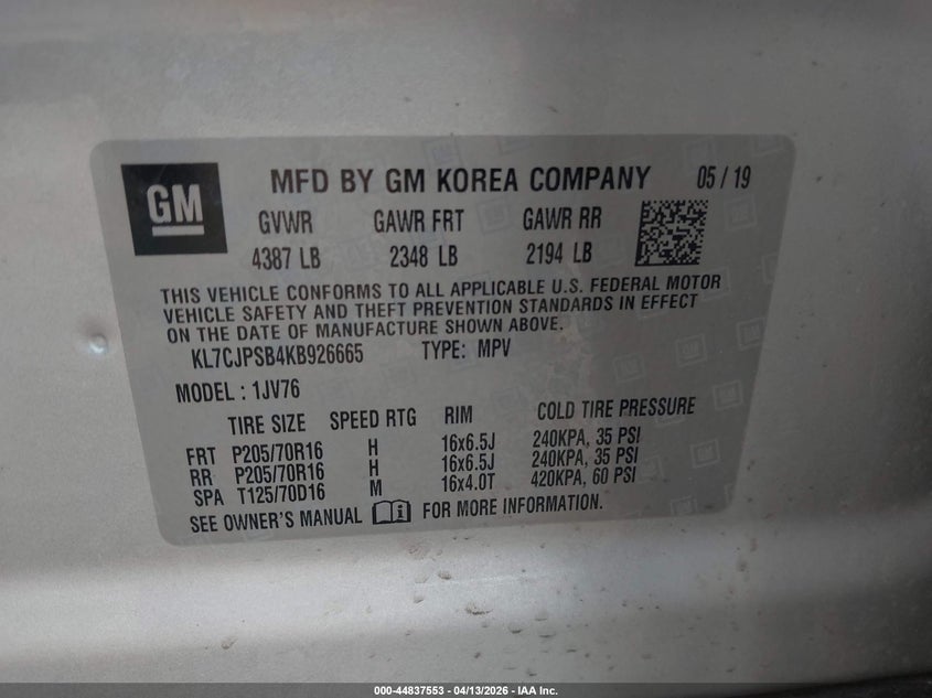 2019 Chevrolet Trax 1.4 Lt silver Lot 111044837553 Vin KL7CJPSB4KB926665