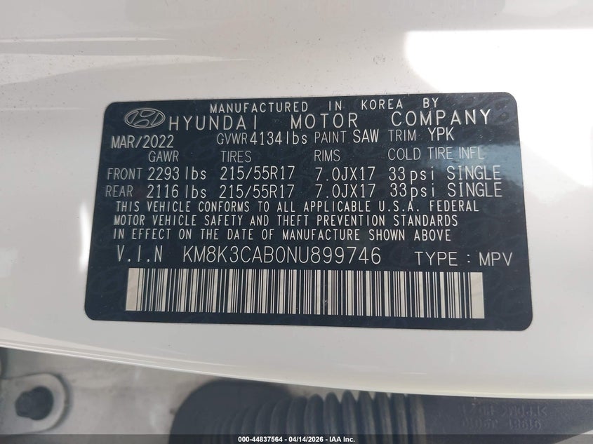 2022 Hyundai Kona Sel VIN: KM8K3CAB0NU899746 Lot: 44837564