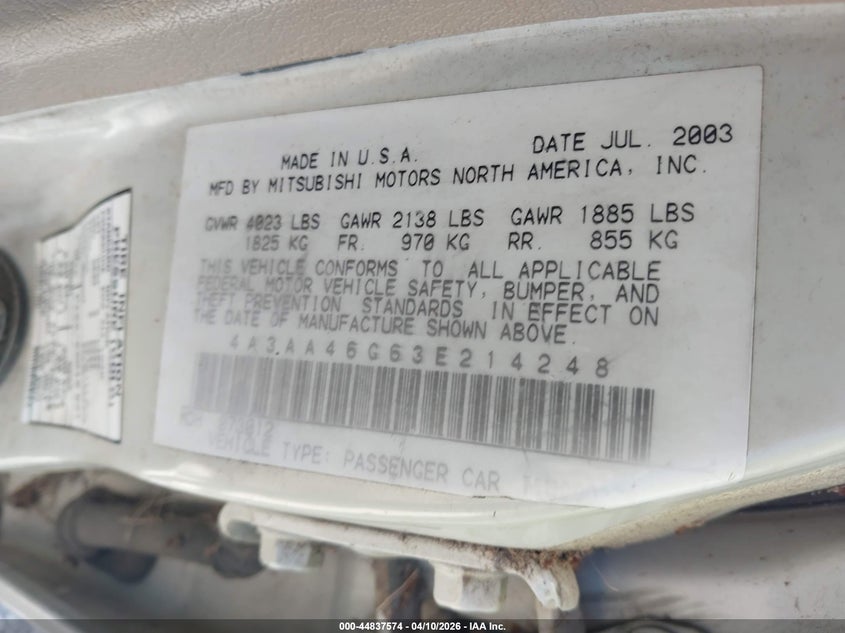 2003 Mitsubishi Galant Es/Ls VIN: 4A3AA46G63E214248 Lot: 44837574
