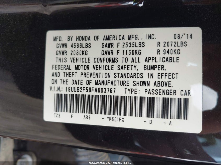 2015 Acura Tlx V6 Tech VIN: 19UUB2F59FA003767 Lot: 44837604