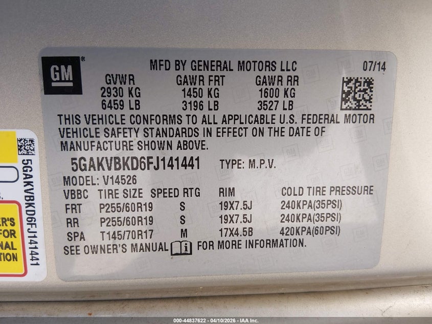 5GAKVBKD6FJ141441 2015 Buick Enclave 3.6 Leather gold