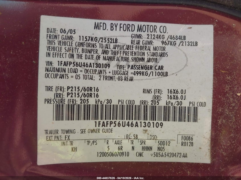 2006 Ford Taurus Sel VIN: 1FAFP56U46A130109 Lot: 44837626