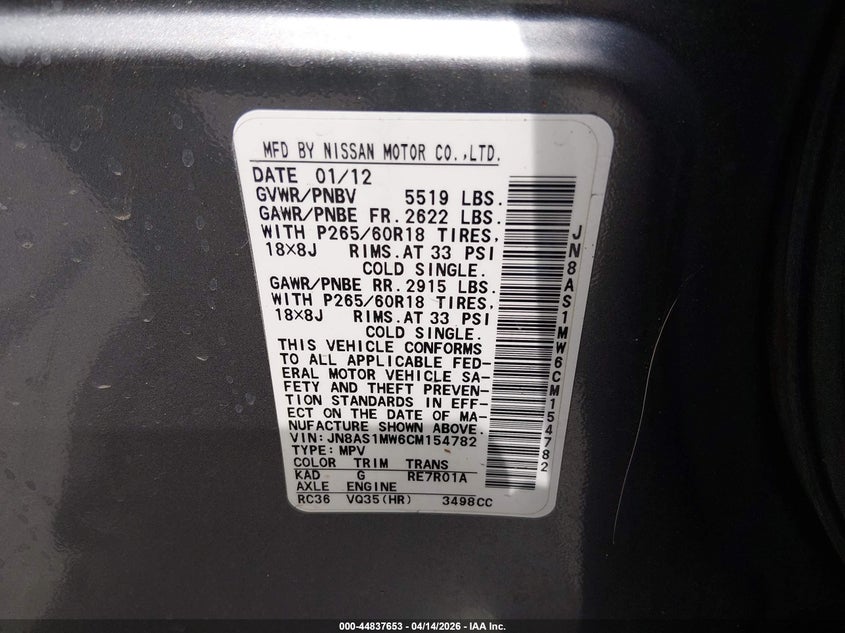 2012 Infiniti Fx35 VIN: JN8AS1MW6CM154782 Lot: 44837653