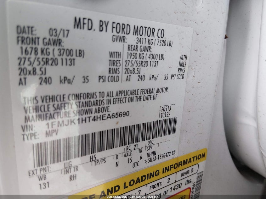 1FMJK1HT4HEA65690 2017 Ford Expedition 3.5 El King Ranch white
