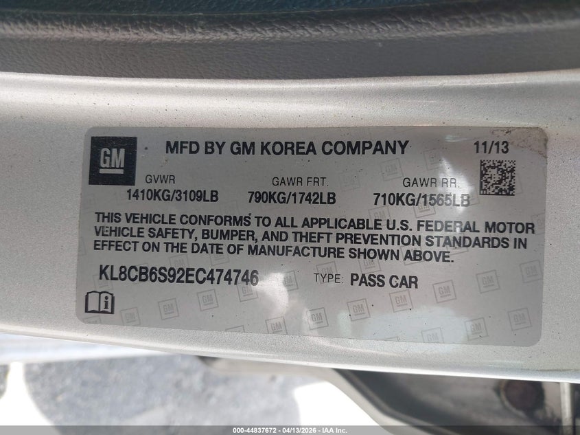 2014 Chevrolet Spark Ls Auto VIN: KL8CB6S92EC474746 Lot: 44837672