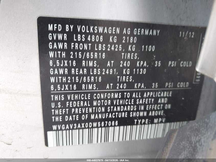 2013 Volkswagen Tiguan S VIN: WVGAV3AX0DW567066 Lot: 44837679