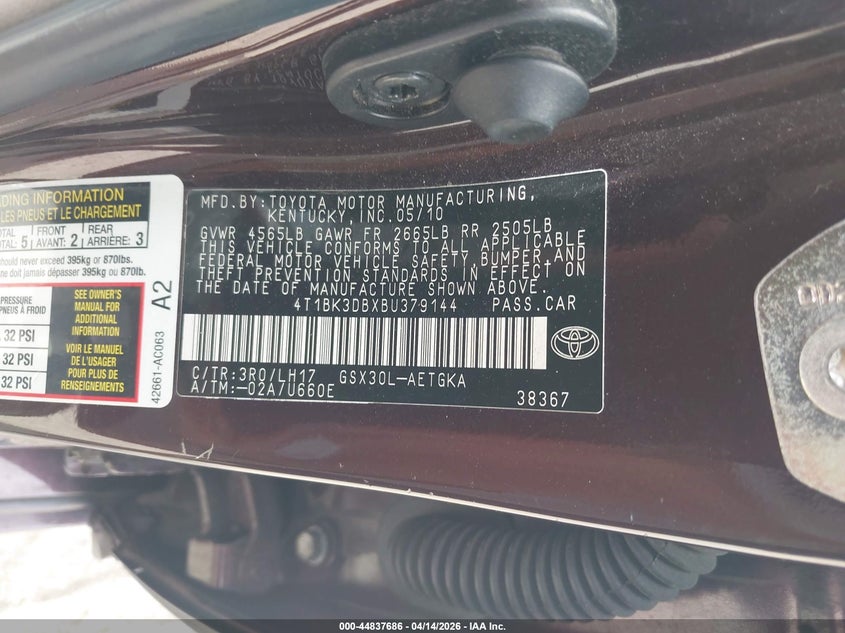 2011 Toyota Avalon VIN: 4T1BK3DBXBU379144 Lot: 44837686