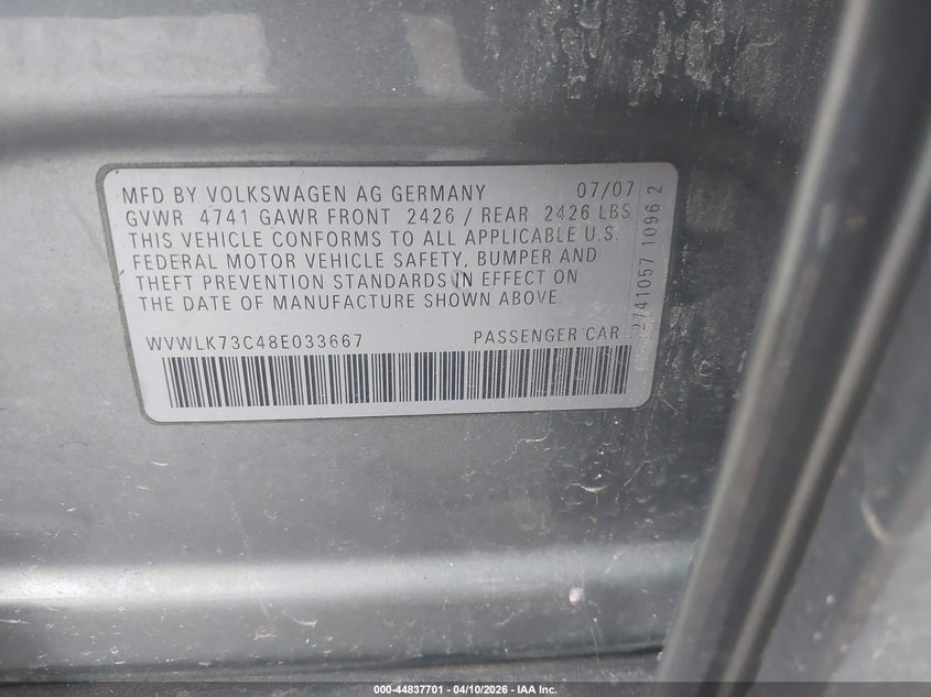 2008 Volkswagen Passat Komfort VIN: WVWLK73C48E033667 Lot: 44837701