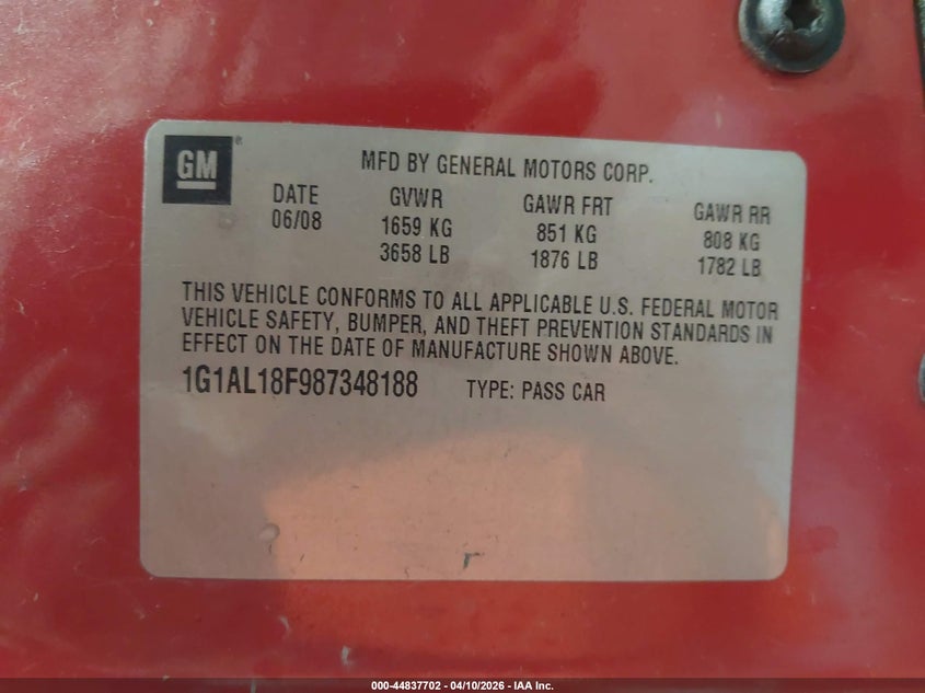 2008 Chevrolet Cobalt Lt VIN: 1G1AL18F987348188 Lot: 44837702