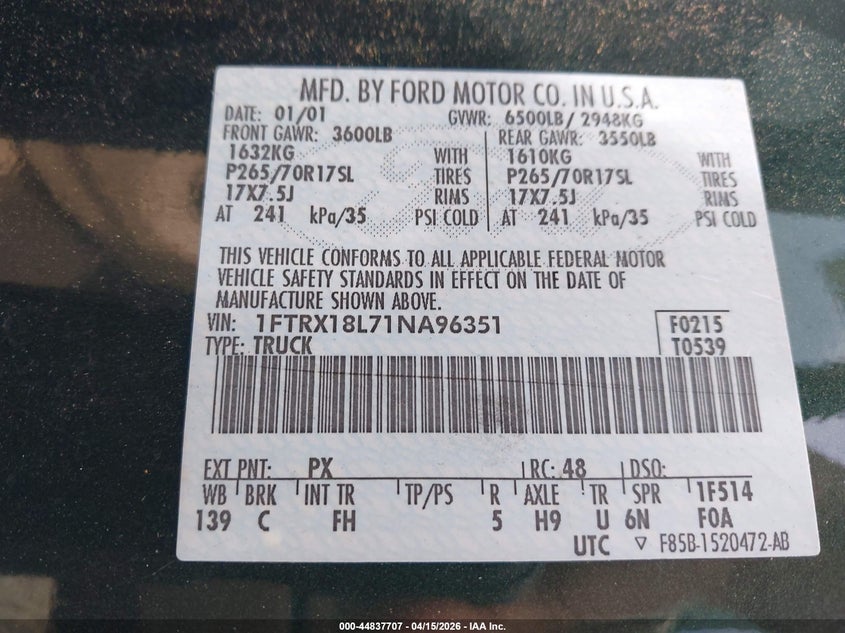 2001 Ford F-150 Lariat/Xl/Xlt VIN: 1FTRX18L71NA96351 Lot: 44837707