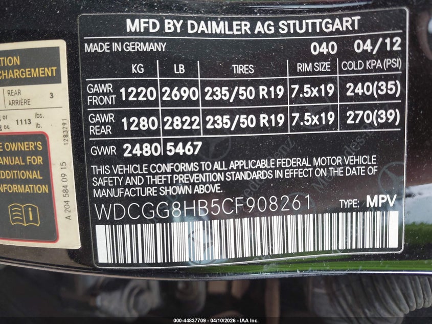 2012 Mercedes-Benz Glk 350 4Matic VIN: WDCGG8HB5CF908261 Lot: 44837709