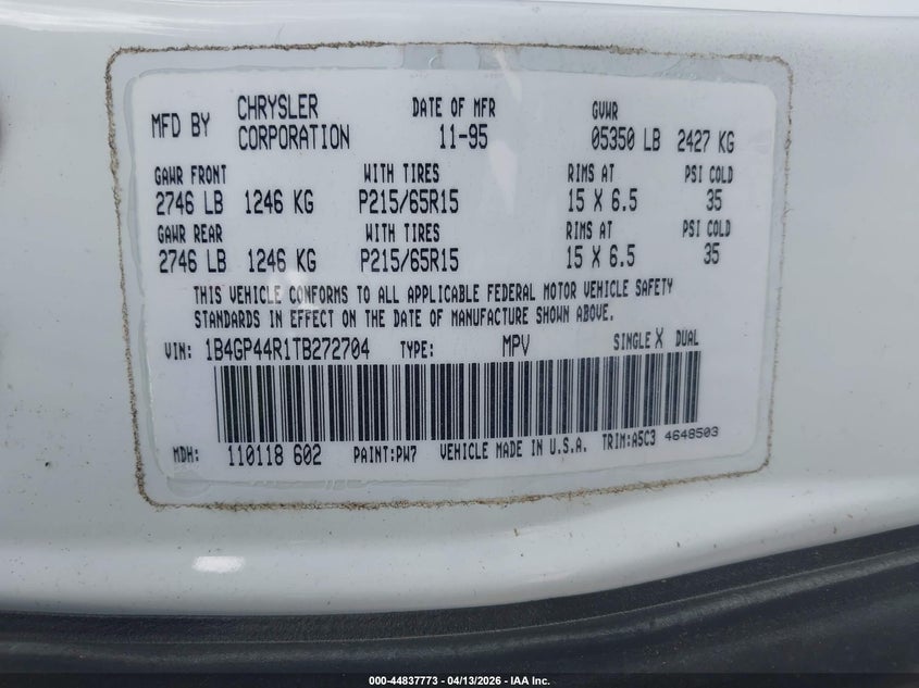 1996 Dodge Grand Caravan Se VIN: 1B4GP44R1TB272704 Lot: 44837773