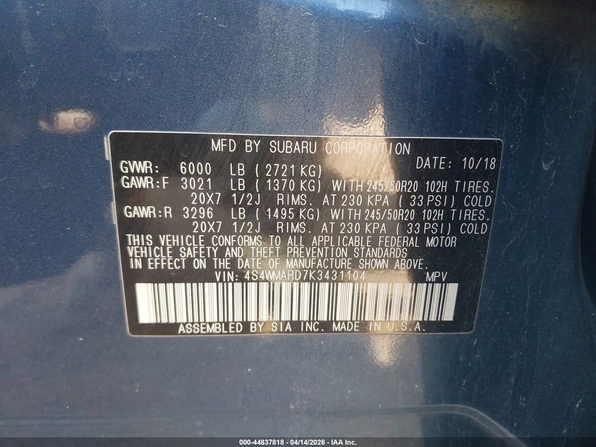 2019 Subaru Ascent Touring VIN: 4S4WMARD7K3431104 Lot: 44837818