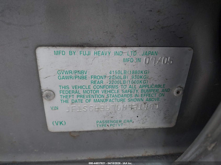 2006 Subaru Forester 2.5X VIN: JF1SG63676H731497 Lot: 44837821