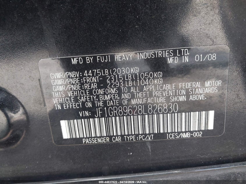 2008 Subaru Impreza Wrx Sti VIN: JF1GR89628L826830 Lot: 44837822