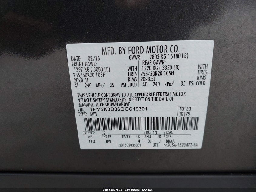 1FM5K8D86GGC19301 2016 Ford Explorer 3.5 Xlt Unknown