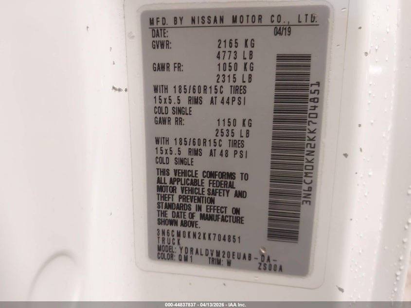 2019 Nissan Nv200 S VIN: 3N6CM0KN2KK704851 Lot: 44837837