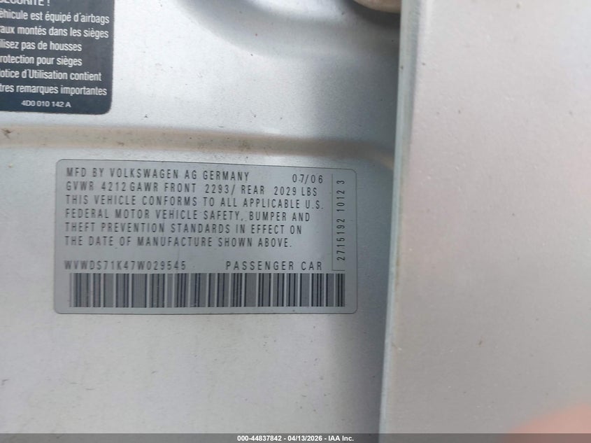 2007 Volkswagen Rabbit 4-Door VIN: WVWDS71K47W029545 Lot: 44837842