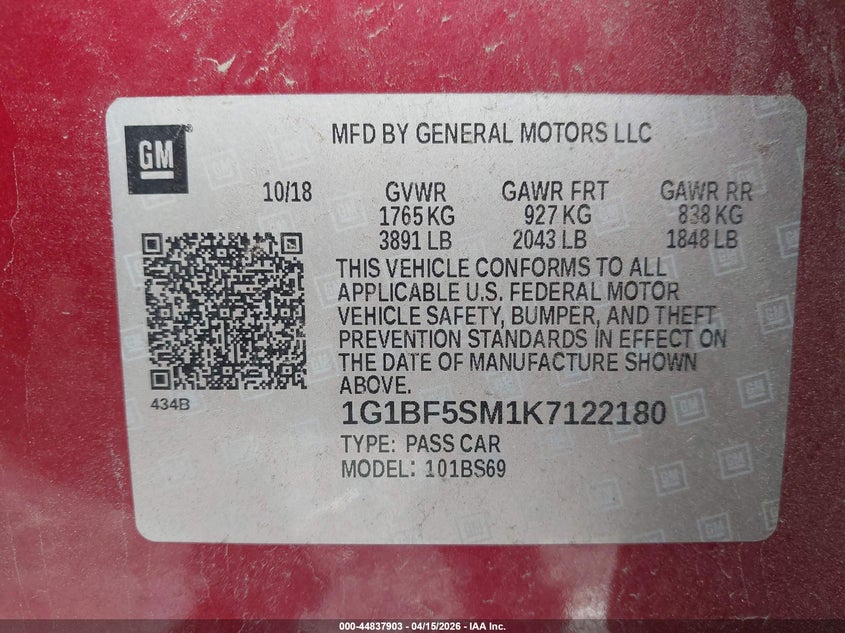 2019 Chevrolet Cruze Premier VIN: 1G1BF5SM1K7122180 Lot: 44837903