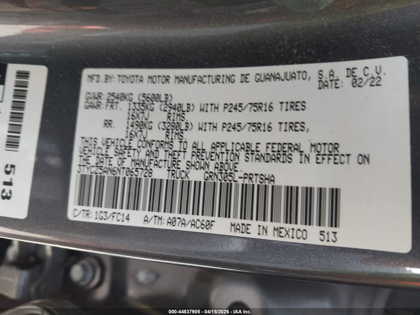 2022 Toyota Tacoma Sr5 V6 VIN: 3TYCZ5AN6NT065728 Lot: 44837905