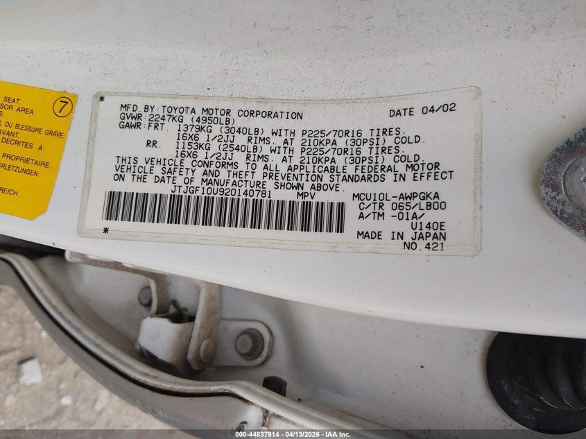 2002 Lexus Rx 300 VIN: JTJGF10U920140781 Lot: 44837914