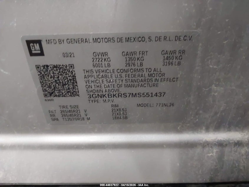 2021 Chevrolet Blazer Awd Rs VIN: 3GNKBKRS7MS551437 Lot: 44837922