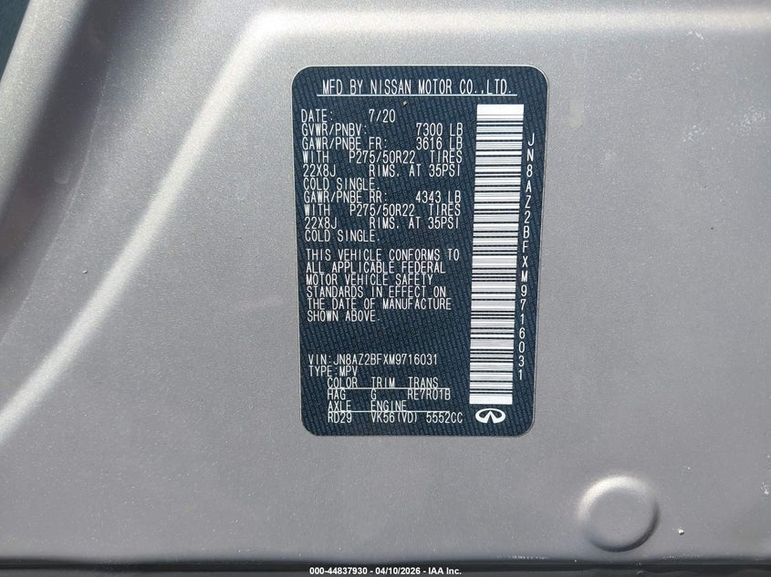 2021 Infiniti Qx80 Sensory VIN: JN8AZ2BFXM9716031 Lot: 44837930