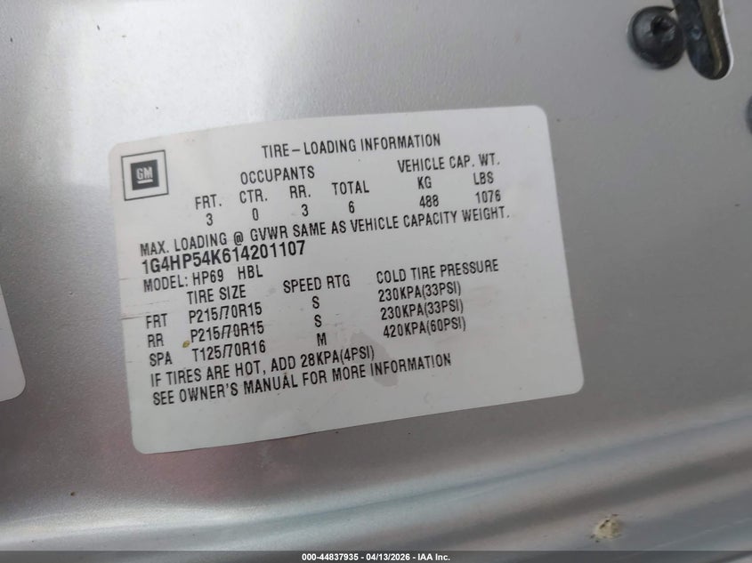 2001 Buick Lesabre Custom VIN: 1G4HP54K614201107 Lot: 44837935