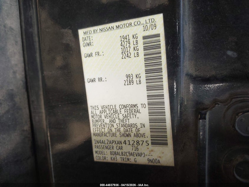 2010 Nissan Altima 2.5 S VIN: 1N4AL2APXAN412875 Lot: 44837936