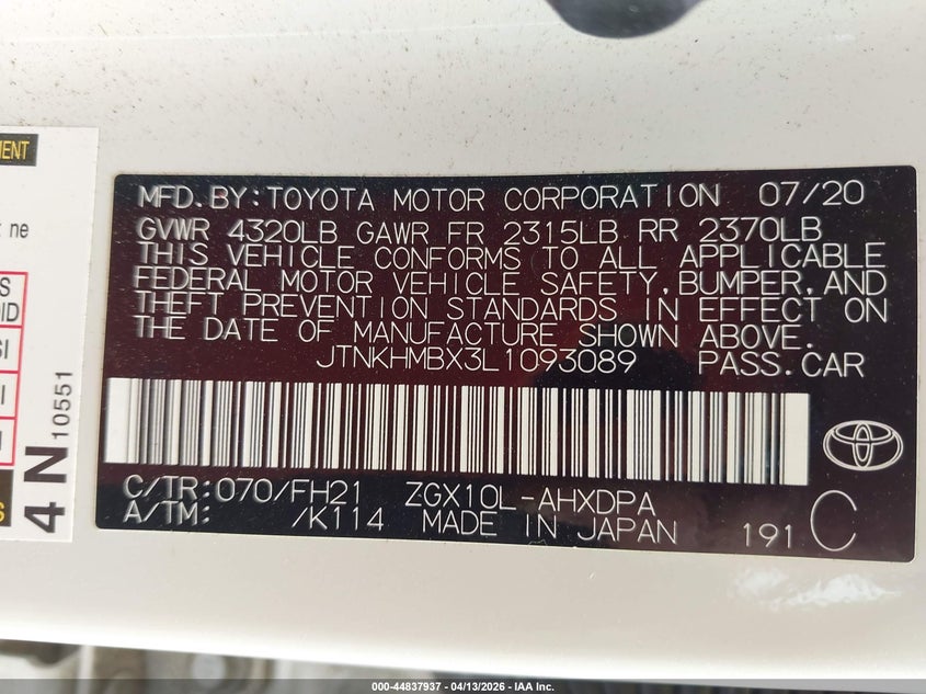 2020 Toyota C-Hr Le VIN: JTNKHMBX3L1093089 Lot: 44837937