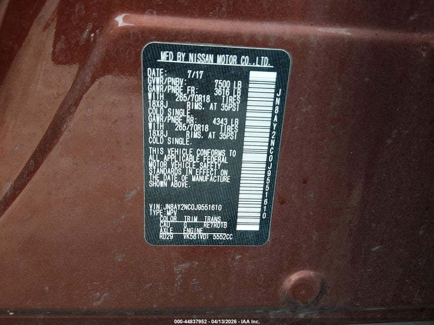 2018 Nissan Armada Sv VIN: JN8AY2NC0J9551610 Lot: 44837952