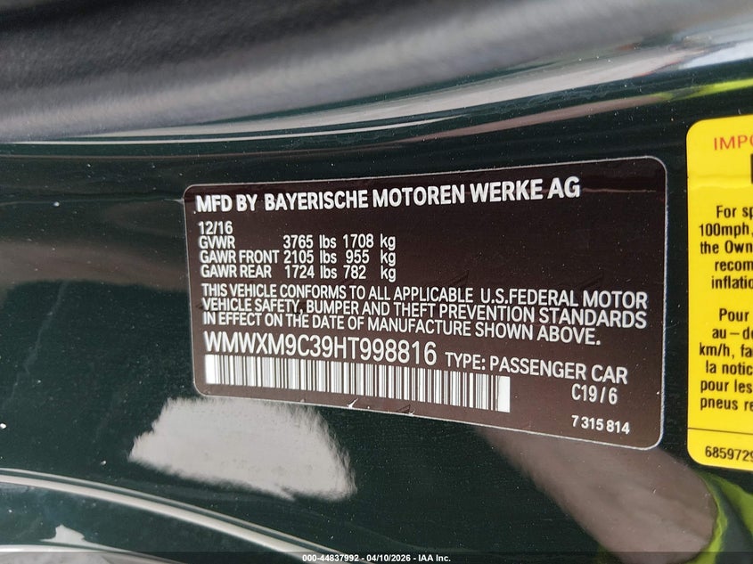 2017 Mini Hardtop John Cooper Works VIN: WMWXM9C39HT998816 Lot: 44837992