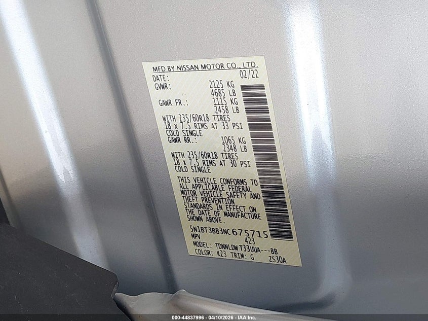 2022 Nissan Rogue Sv Intelligent Awd VIN: 5N1BT3BB3NC675715 Lot: 44837996