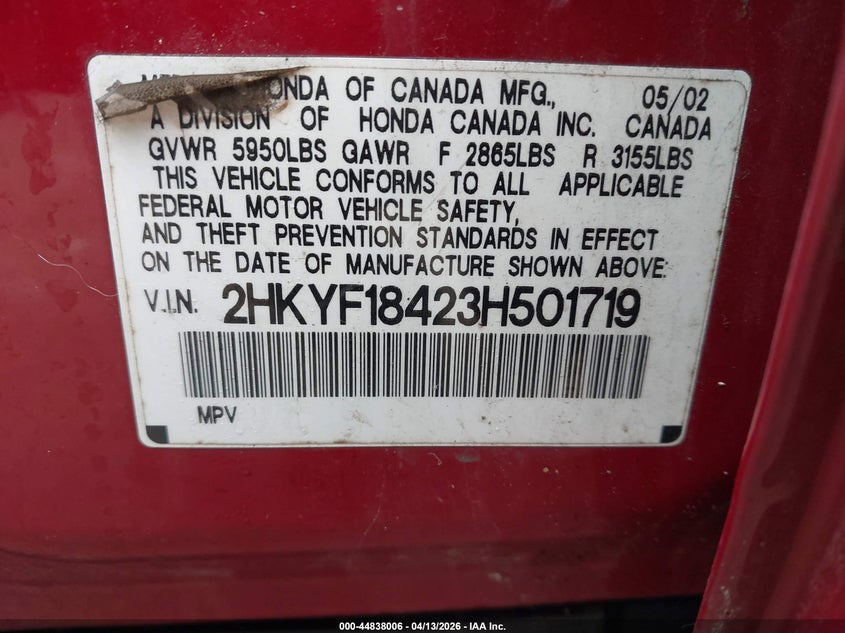 2003 Honda Pilot Ex VIN: 2HKYF18423H501719 Lot: 44838006