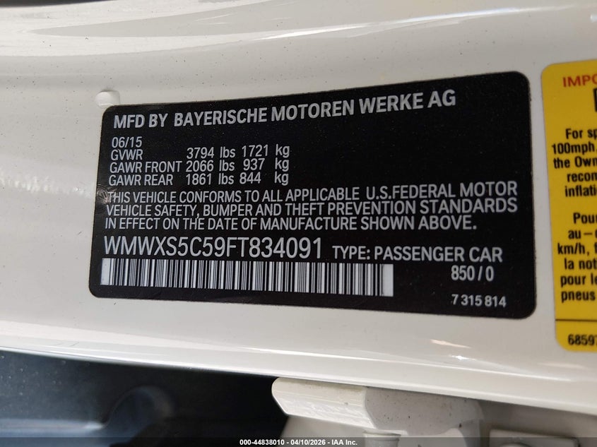 2015 Mini Hardtop Cooper VIN: WMWXS5C59FT834091 Lot: 44838010
