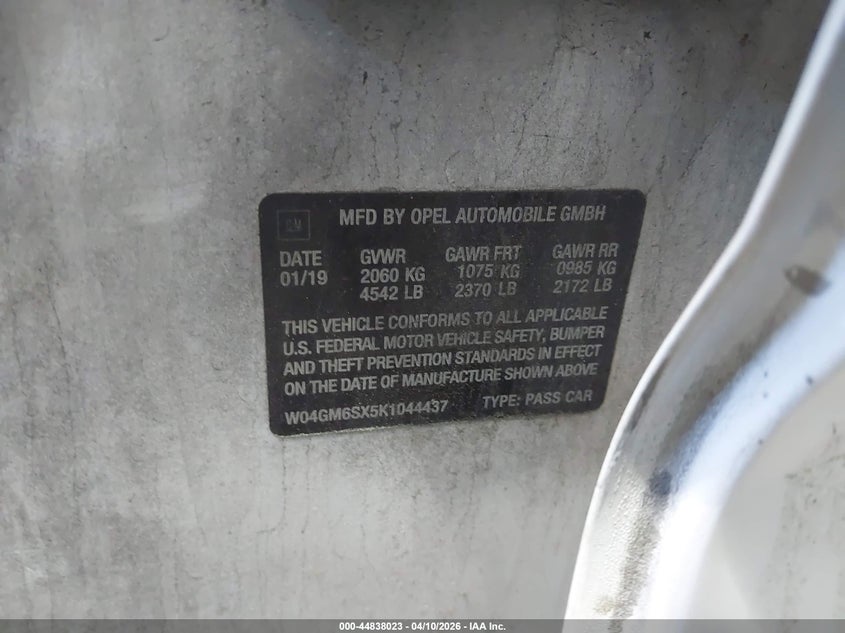 2019 Buick Regal Sportback Fwd Preferred Ii VIN: W04GM6SX5K1044437 Lot: 44838023