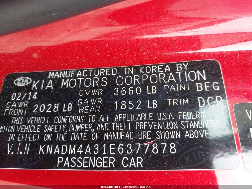 2014 Kia Rio Lx VIN: KNADM4A31E6377878 Lot: 44838041