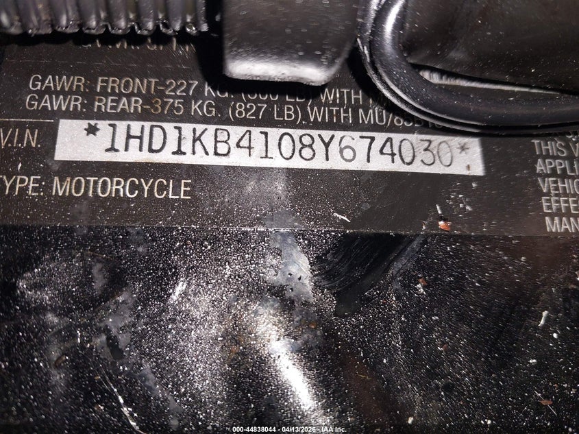 2008 Harley-Davidson Flhx VIN: 1HD1KB4108Y674030 Lot: 44838044