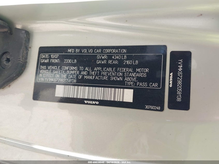 2008 Volvo C30 T5 R-Design/T5 Version 1.0/T5 Version 2.0 VIN: YV1MK672982058138 Lot: 44838048