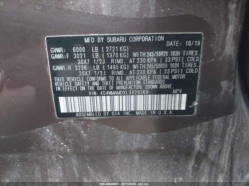 2020 Subaru Ascent Limited VIN: 4S4WMAMDXL3429369 Lot: 44838051