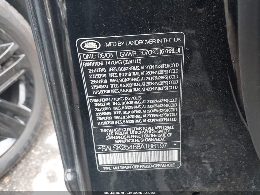 2008 Land Rover Range Rover Sport Hse VIN: SALSK25468A186197 Lot: 44838070