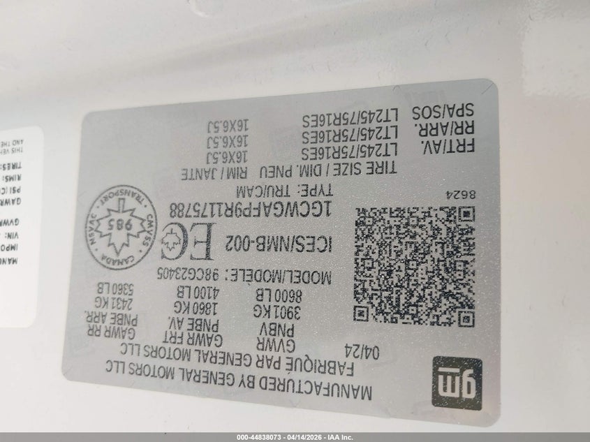 2024 Chevrolet Express 2500 Work Van VIN: 1GCWGAFP9R1175788 Lot: 44838073