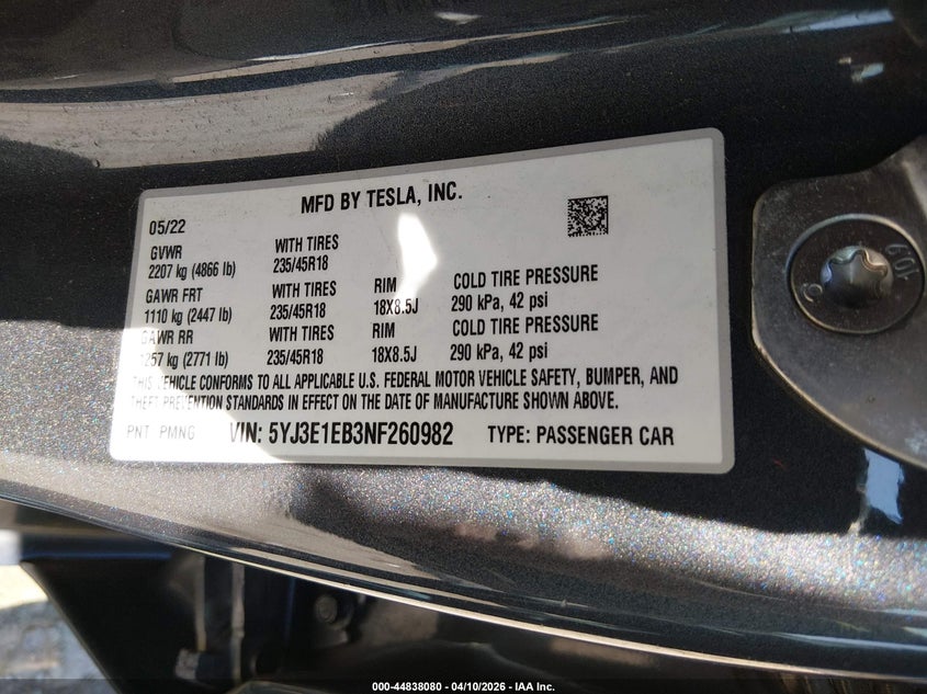 2022 Tesla Model 3 Long Range Dual Motor All-Wheel Drive black Lot 111044838080 Vin 5YJ3E1EB3NF260982