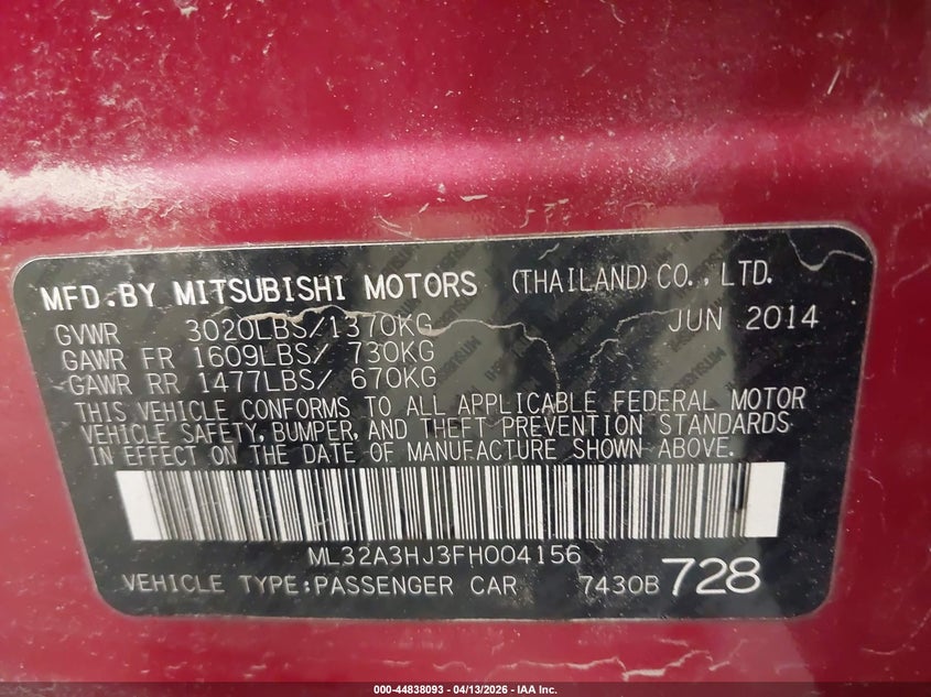 2015 Mitsubishi Mirage De/Rf VIN: ML32A3HJ3FH004156 Lot: 44838093