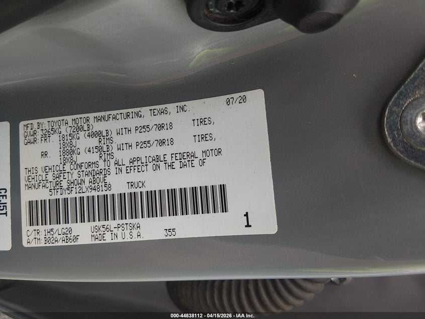 2020 Toyota Tundra Sr5 VIN: 5TFDY5F12LX948158 Lot: 44838112