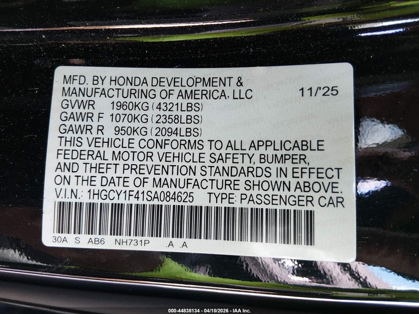 VIN 1HGCY1F41SA084625 2025 HONDA ACCORD SE